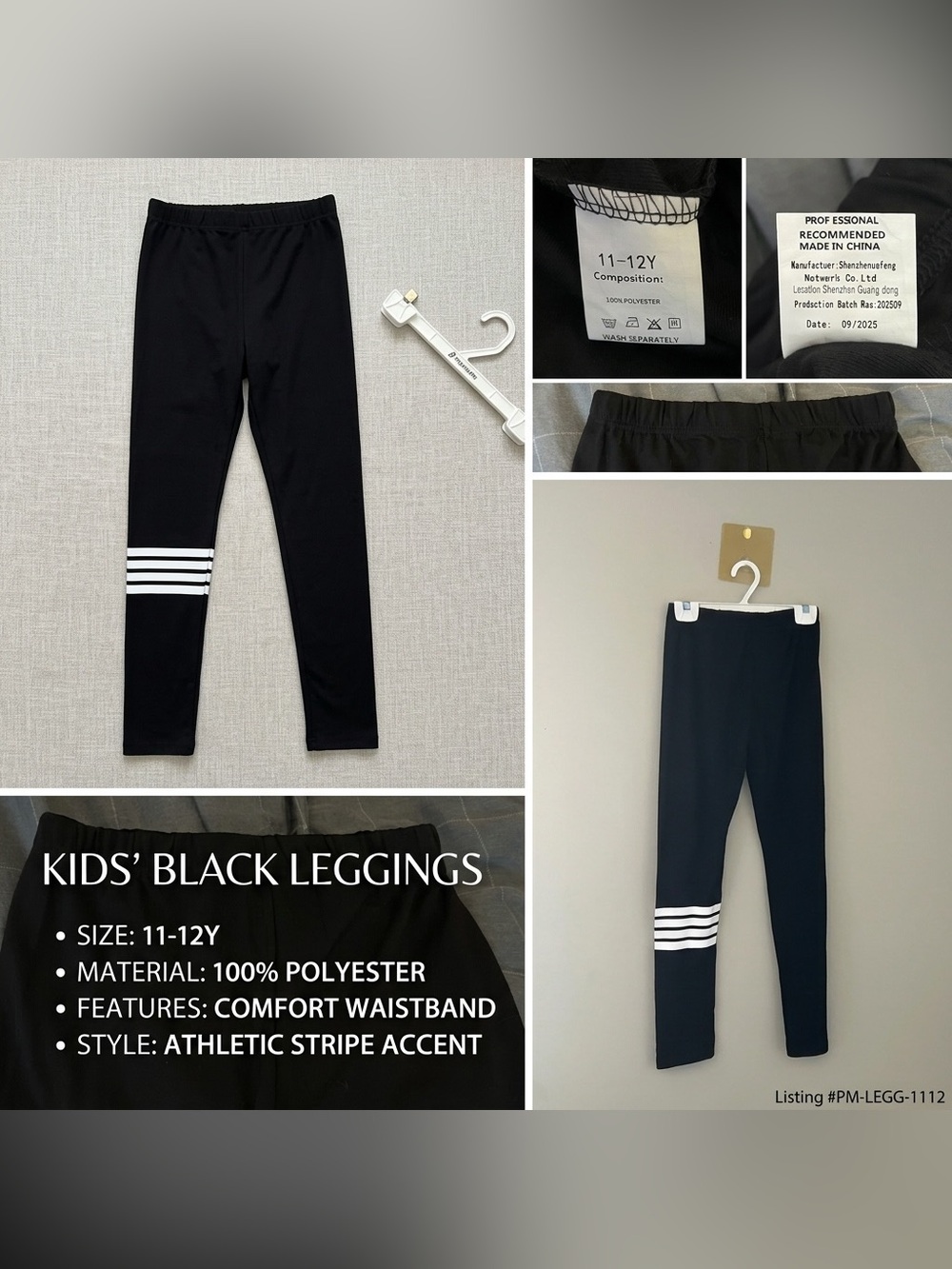Youth Black Athletic Leggings White Stripe Detail Size 11–12Y